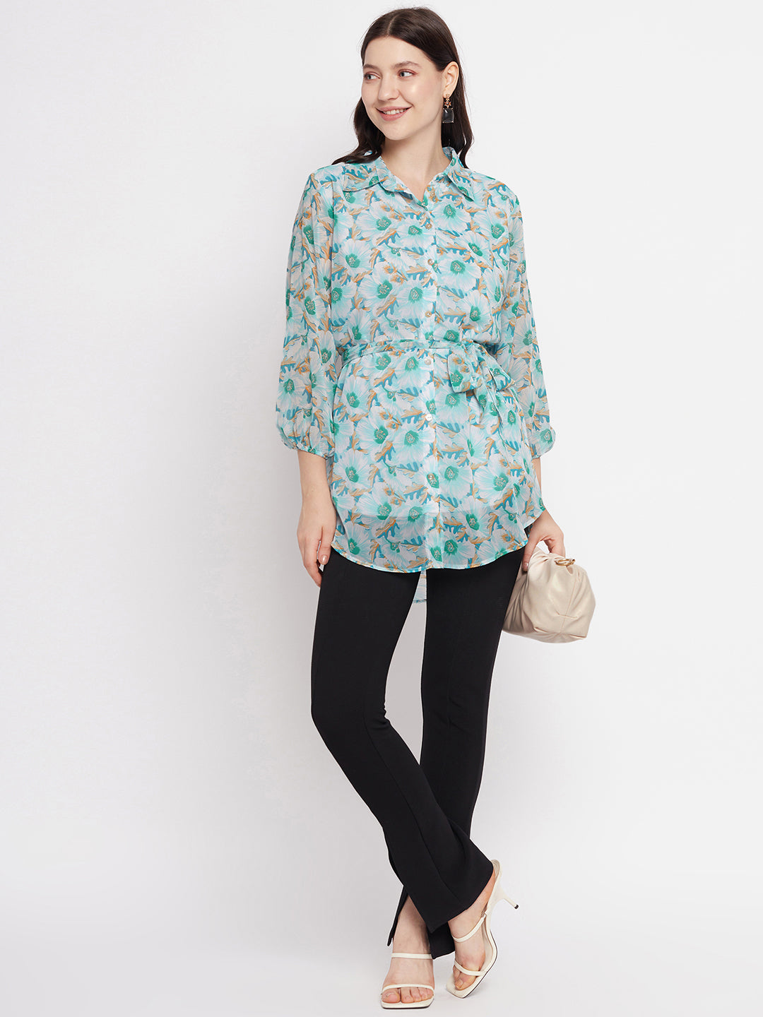 Casual Puff Sleeves Printed Women Blue Top