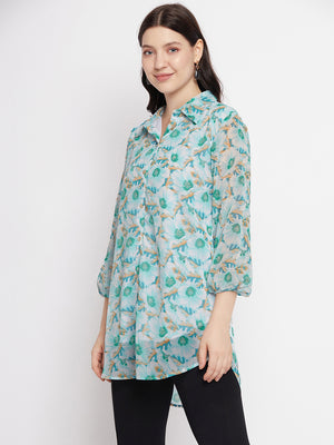 Casual Puff Sleeves Printed Women Blue Top