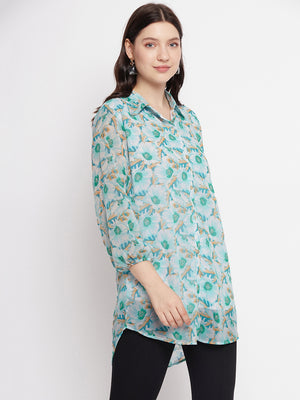 Casual Puff Sleeves Printed Women Blue Top