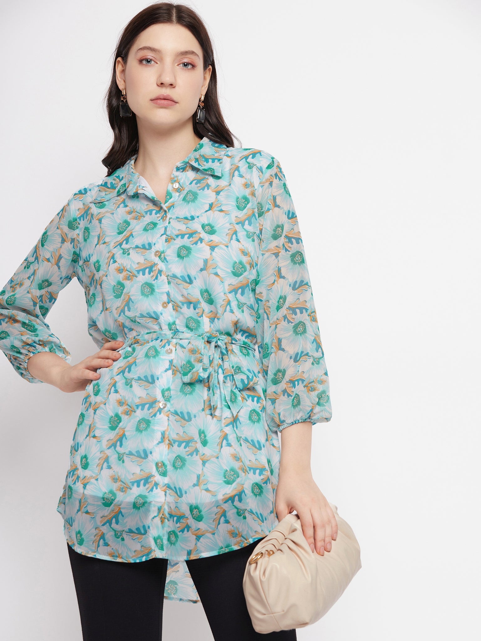 Casual Puff Sleeves Printed Women Blue Top