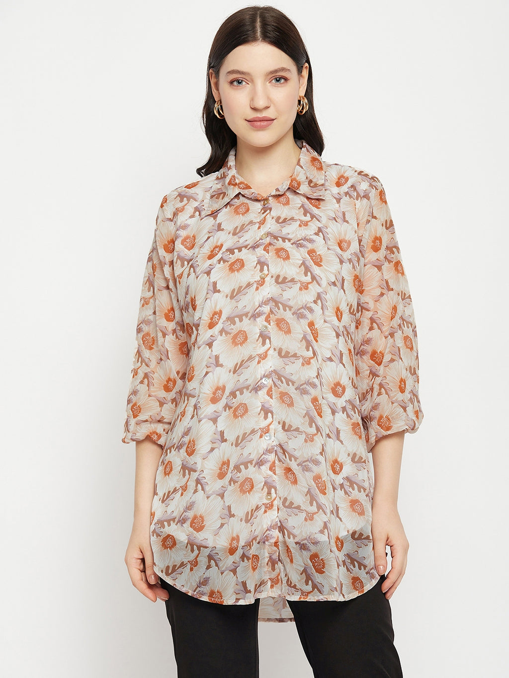 Casual Puff Sleeves Printed Women Brown Top