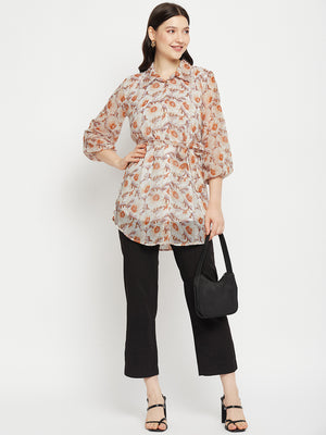 Casual Puff Sleeves Printed Women Brown Top