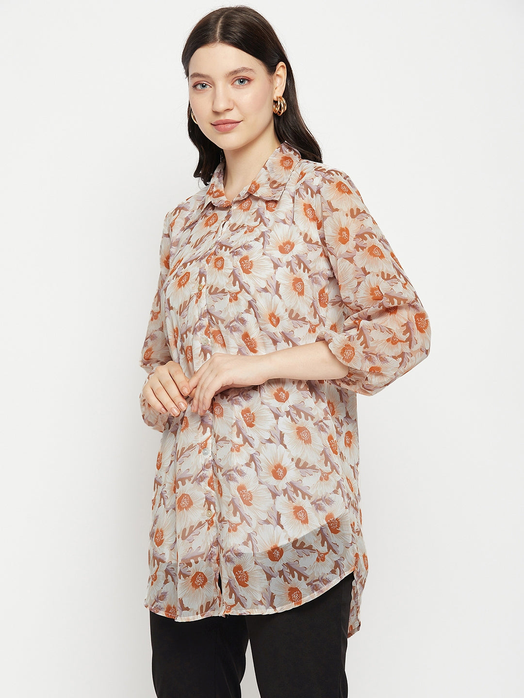 Casual Puff Sleeves Printed Women Brown Top