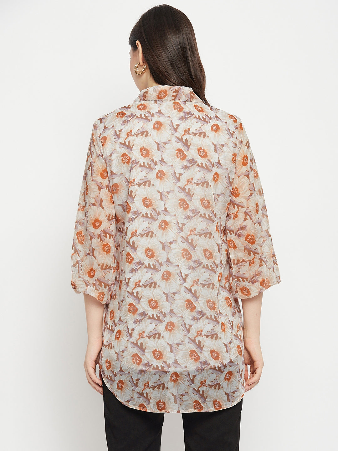 Casual Puff Sleeves Printed Women Brown Top