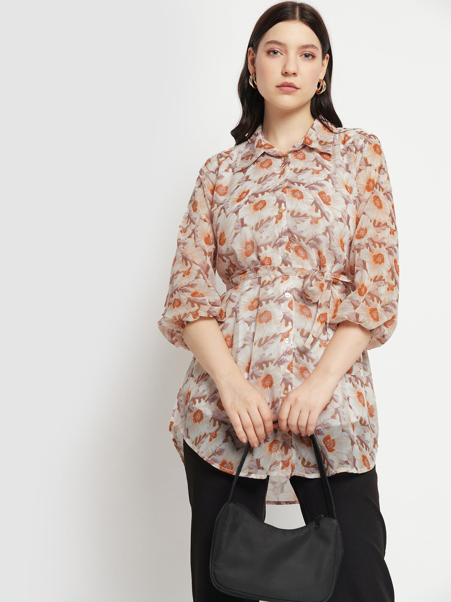 Casual Puff Sleeves Printed Women Brown Top