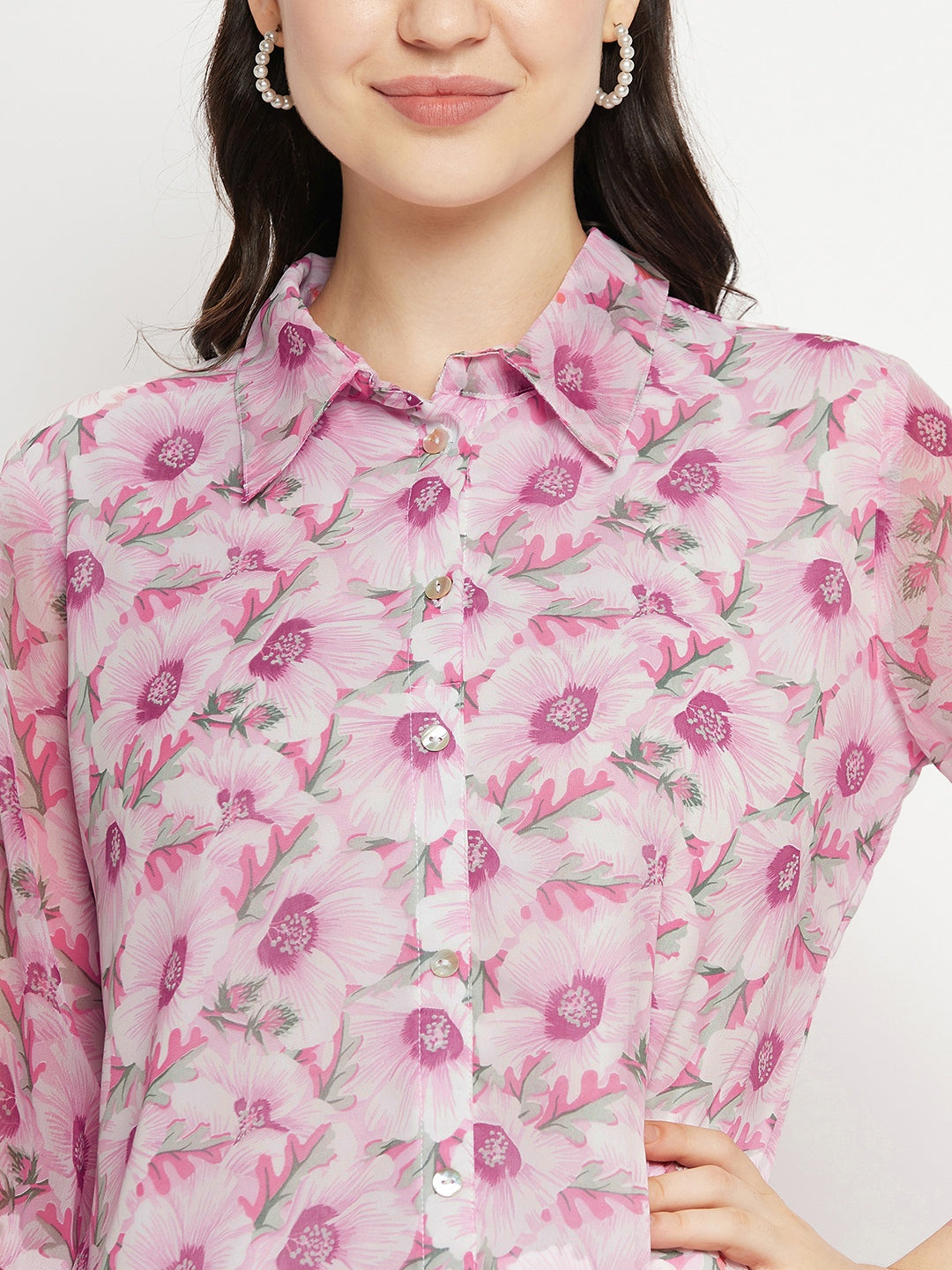 Casual Puff Sleeves Printed Women Pink Top