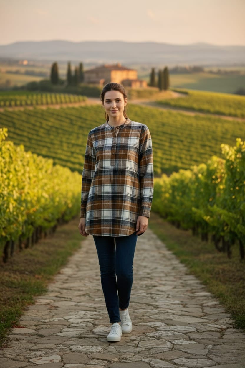 Women Flannel Checked Longline Tunic with Mandarin Collar