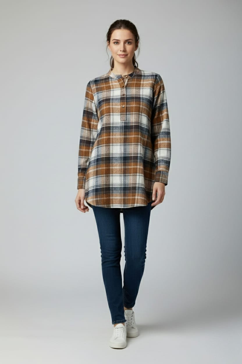 Women Flannel Checked Longline Tunic with Mandarin Collar