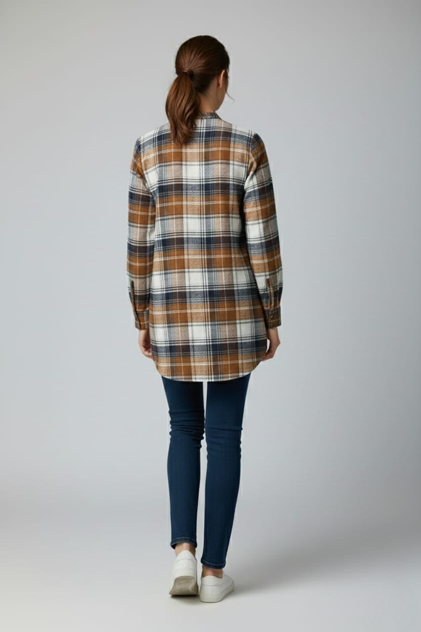 Women Flannel Checked Longline Tunic with Mandarin Collar