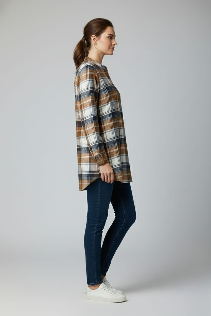 Women Flannel Checked Longline Tunic with Mandarin Collar