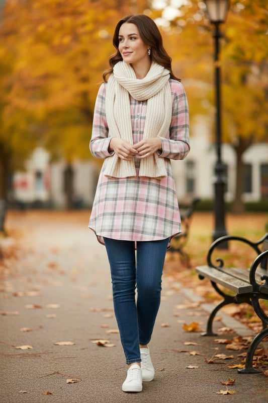 Women Flannel Checked Longline Tunic with Mandarin Collar