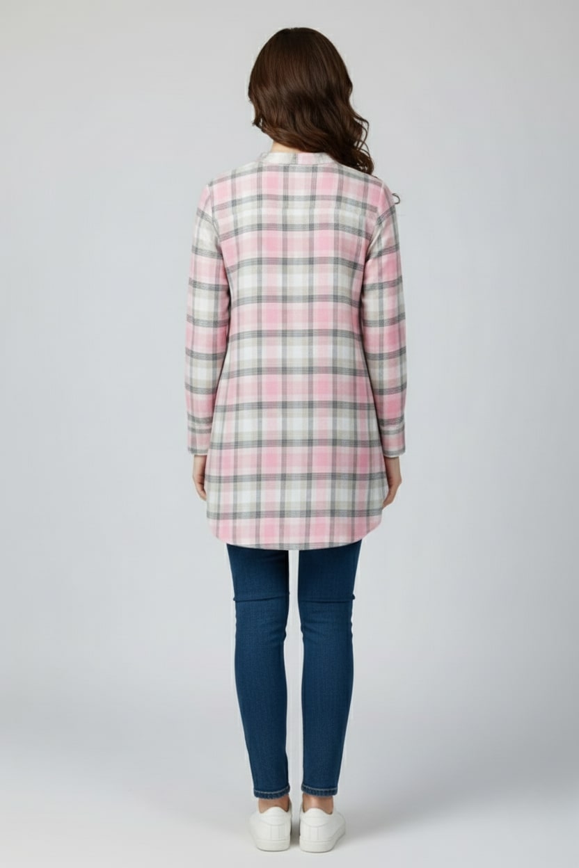 Women Flannel Checked Longline Tunic with Mandarin Collar