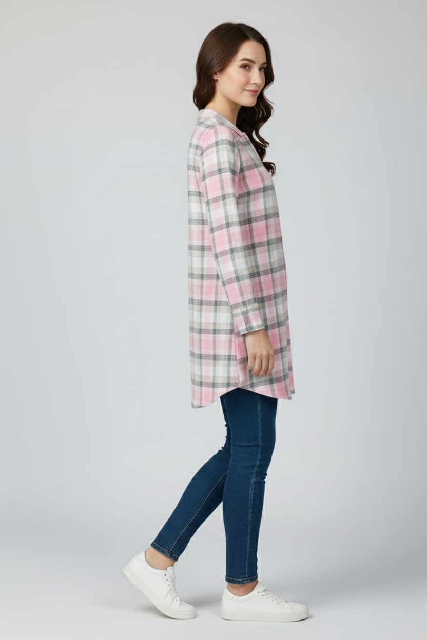 Women Flannel Checked Longline Tunic with Mandarin Collar