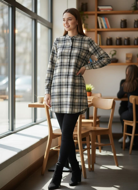 Women Flannel Checked Longline Tunic with Mandarin Collar