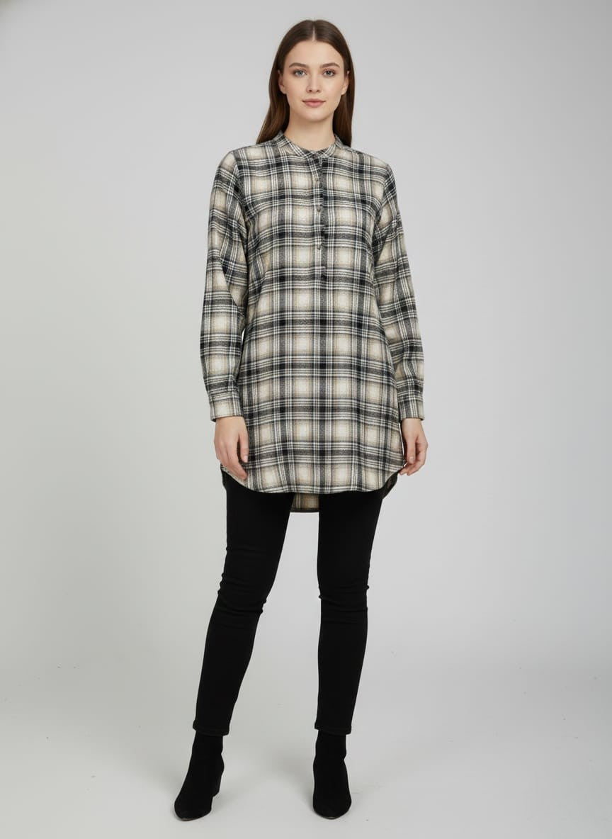 Women Flannel Checked Longline Tunic with Mandarin Collar