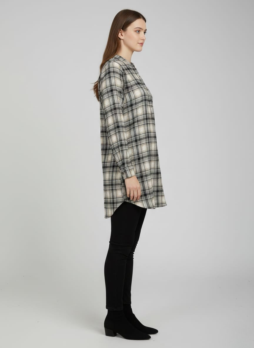 Women Flannel Checked Longline Tunic with Mandarin Collar