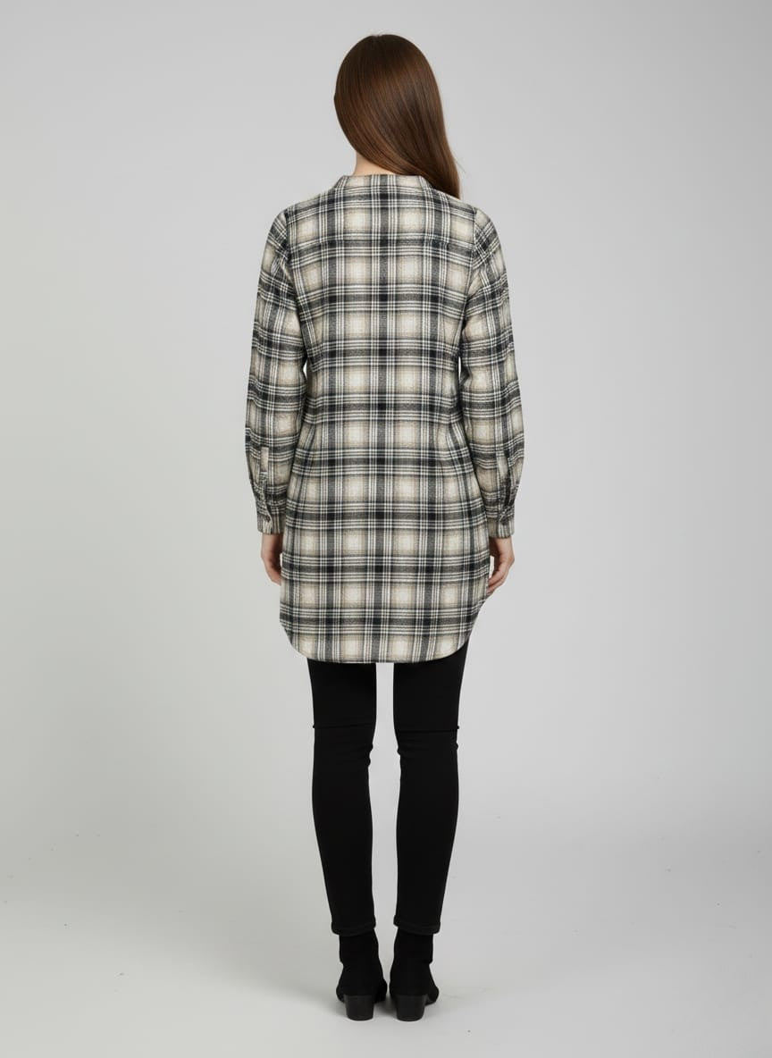 Women Flannel Checked Longline Tunic with Mandarin Collar