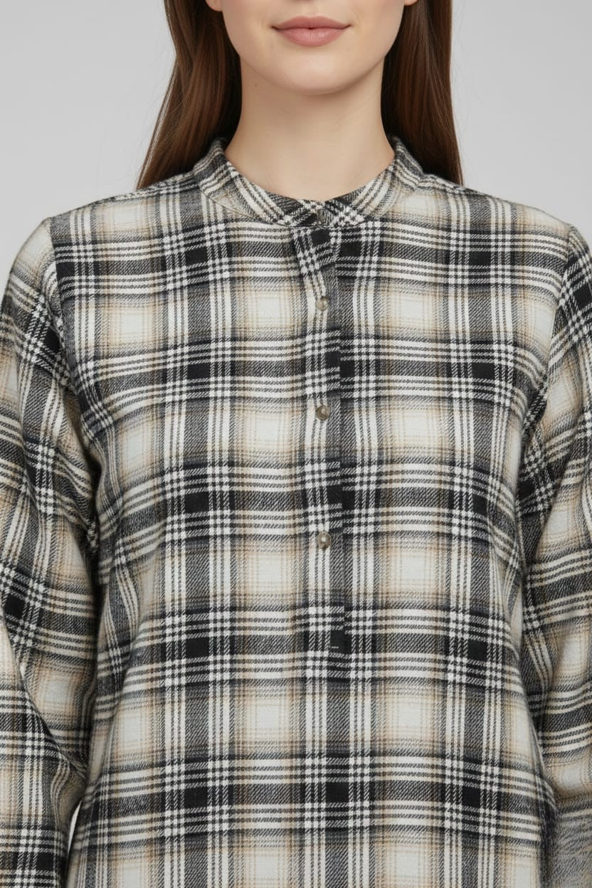 Women Flannel Checked Longline Tunic with Mandarin Collar