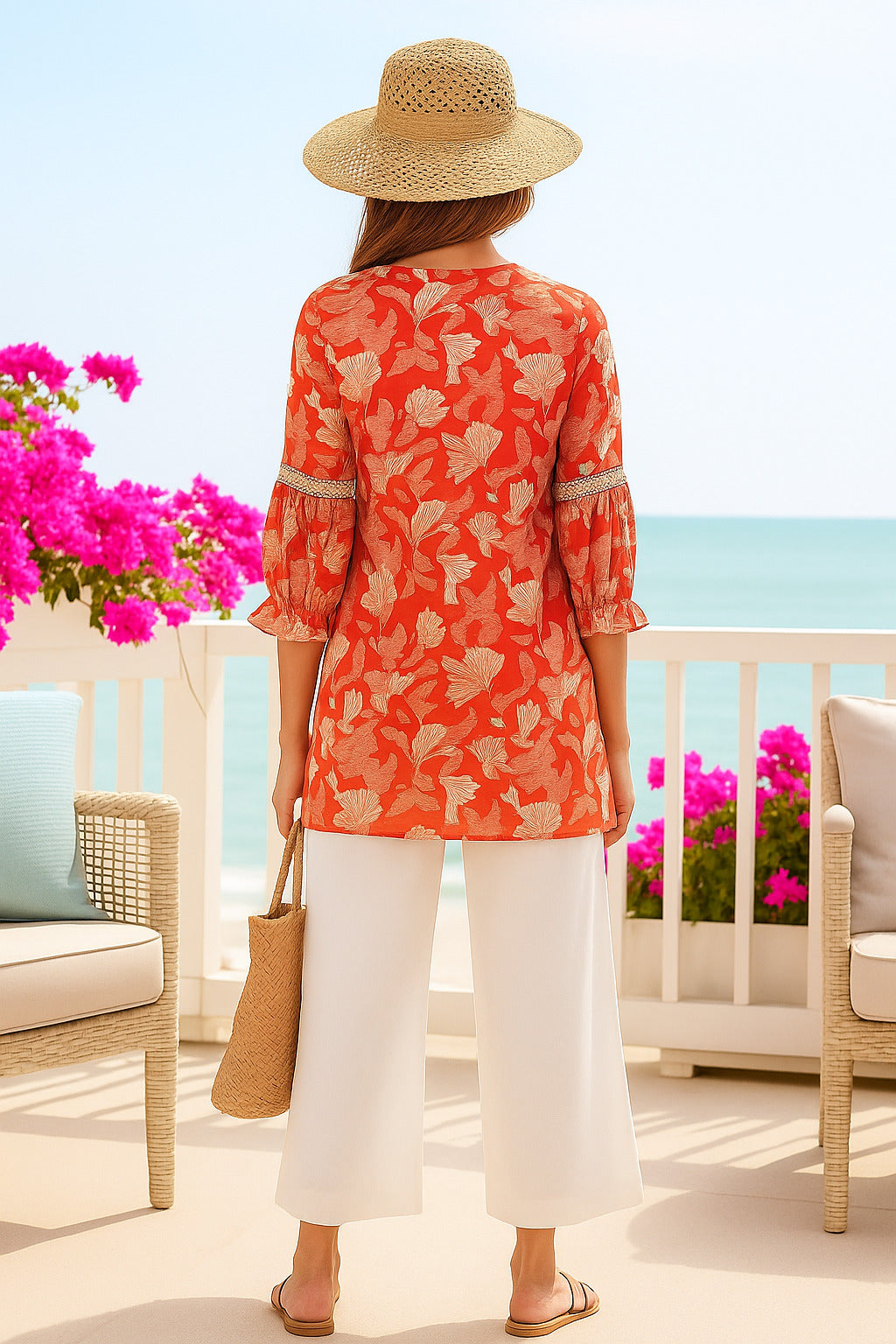 Red & White Floral Printed Straight Tunic with Keyhole Neck