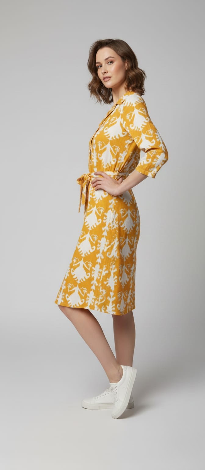 Women's Cotton Notch Collar Front Open Shirt Dress