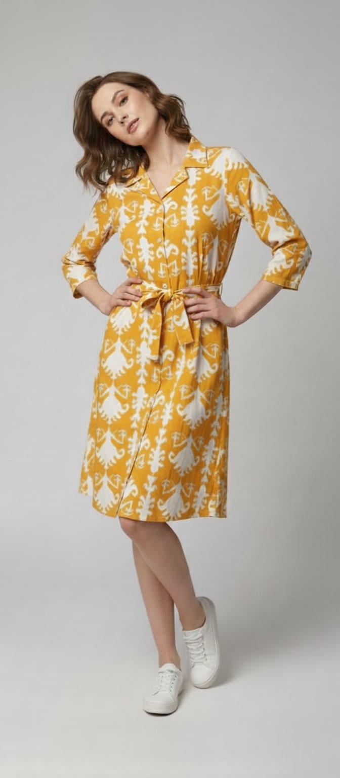 Women's Cotton Notch Collar Front Open Shirt Dress