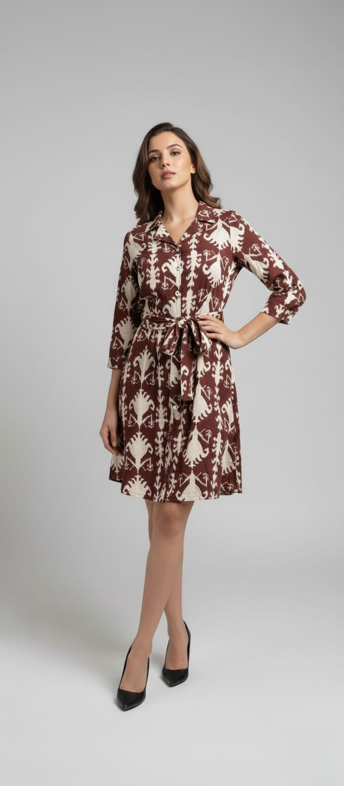 Women's Cotton Notch Collar Front Open Shirt Dress