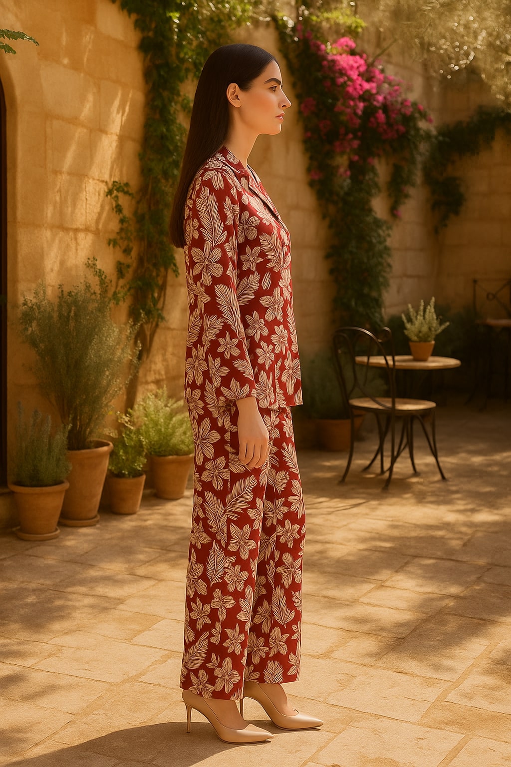 Women's Cotton Notch Collar Top With Trouser Set