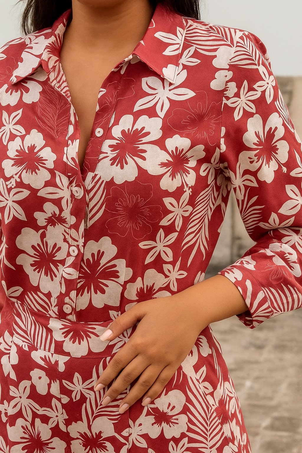 Women's Cotton Notch Collar Top With Trouser Set