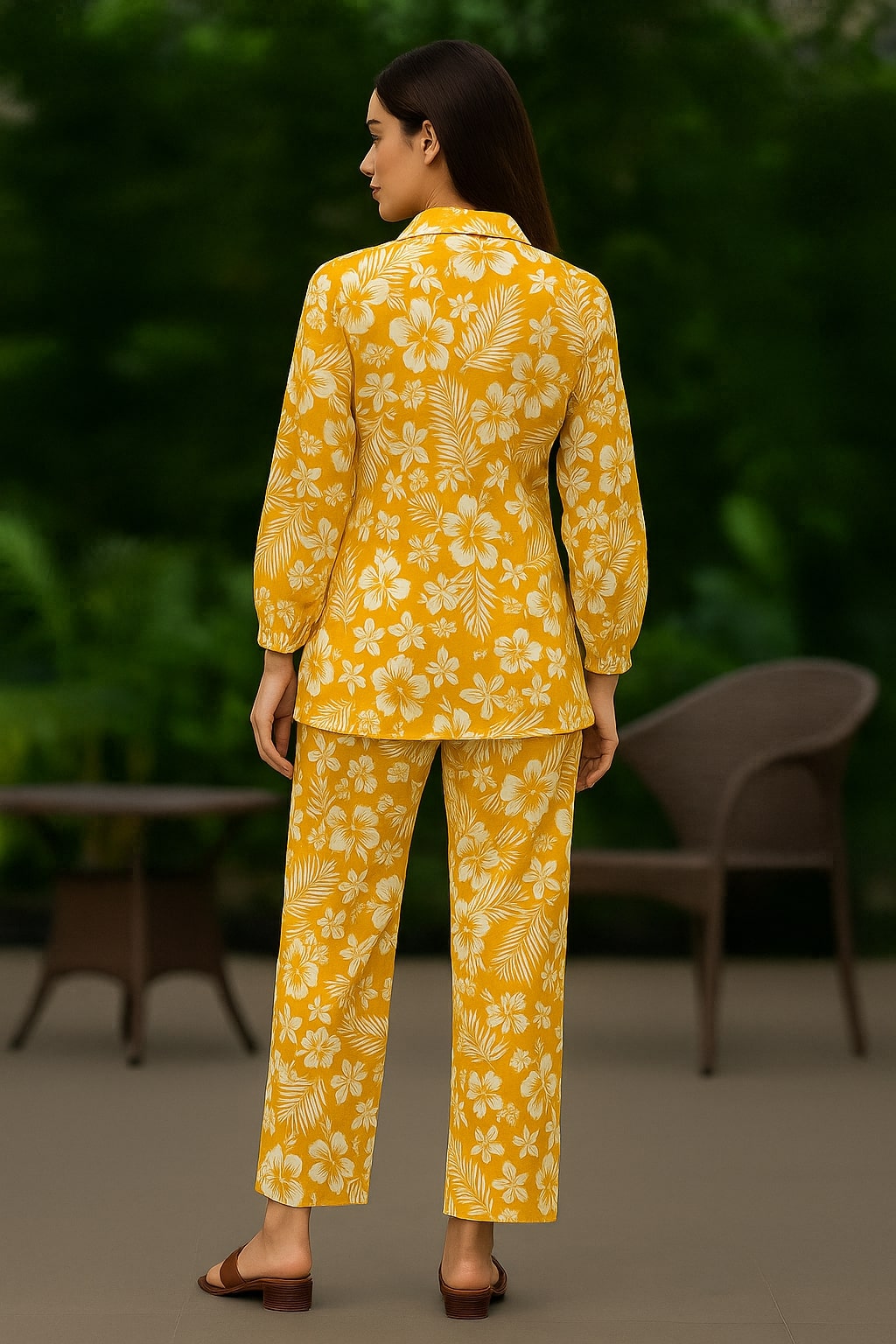 Women's Cotton Notch Collar Top With Trouser Set