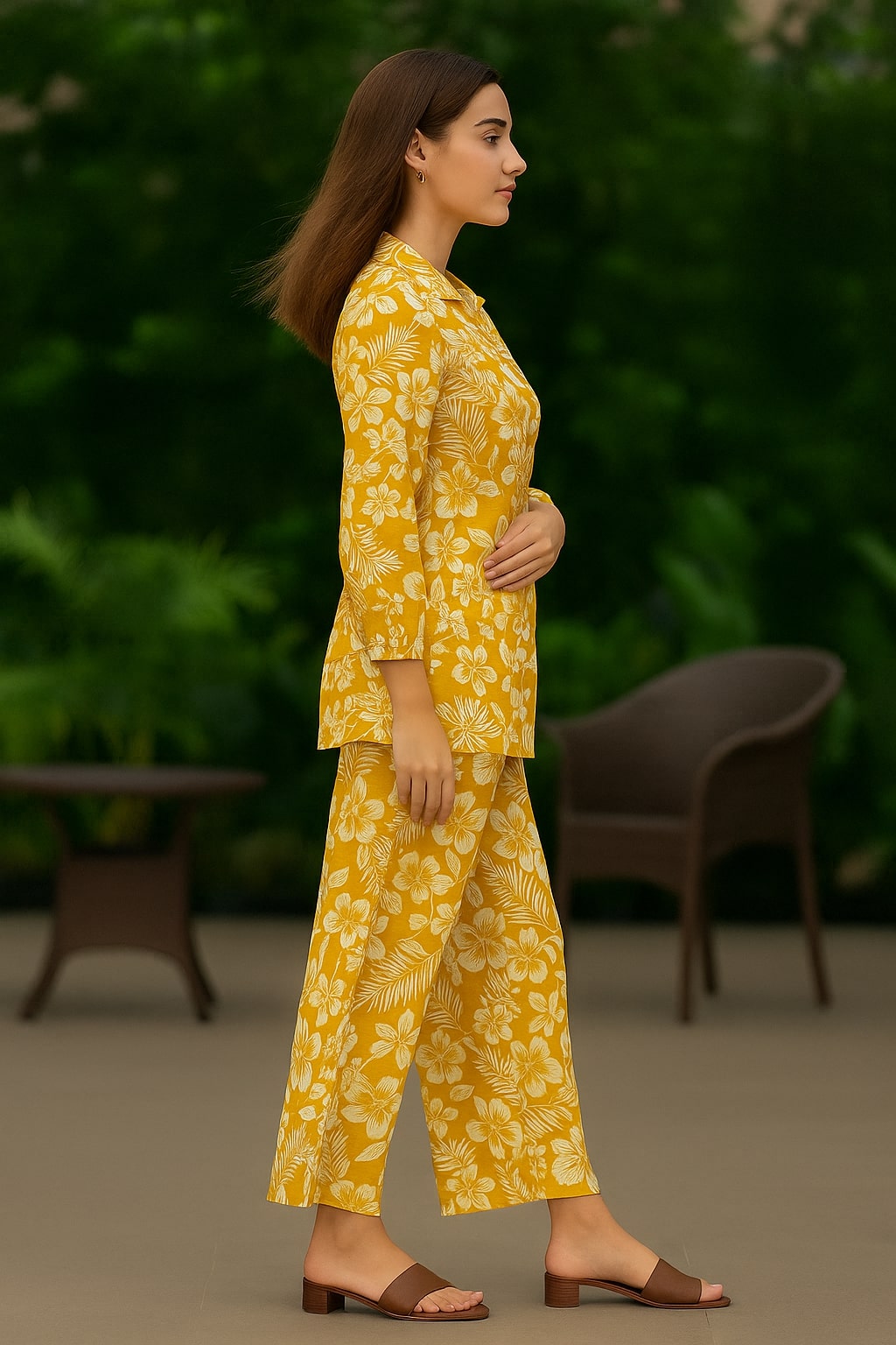 Women's Cotton Notch Collar Top With Trouser Set