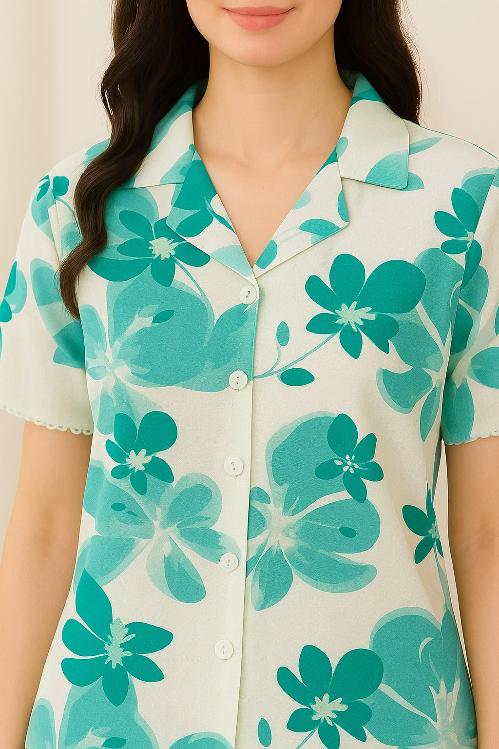 Aqua Green Floral Printed Cotton-Linen Coord Set with Lace Trim