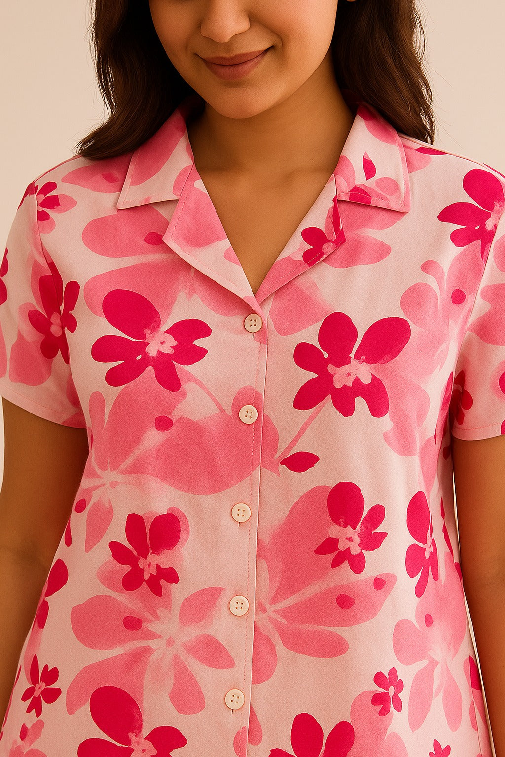 Pink Floral Printed Cotton-Linen Coord Set with Lace Trim