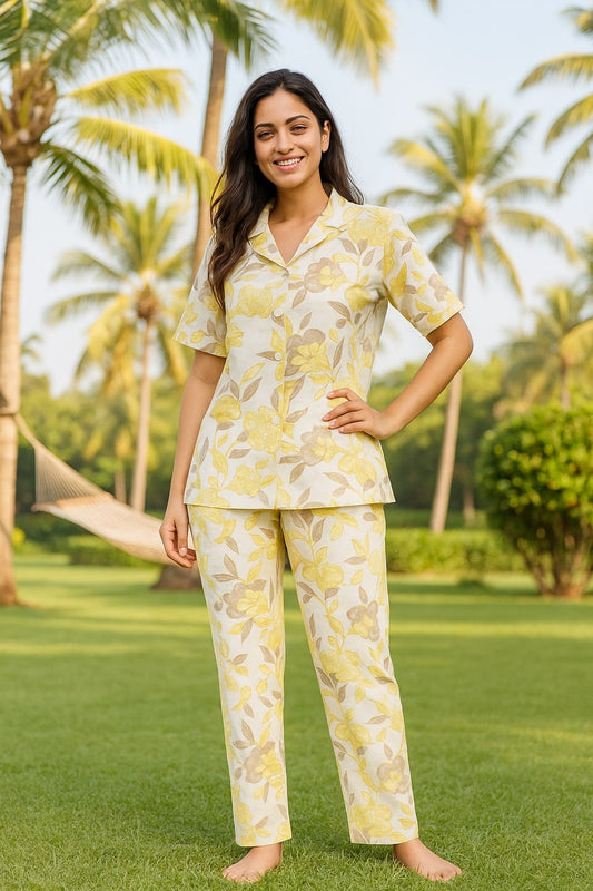 Women Floral Printed Notch Collar Night Suit Set