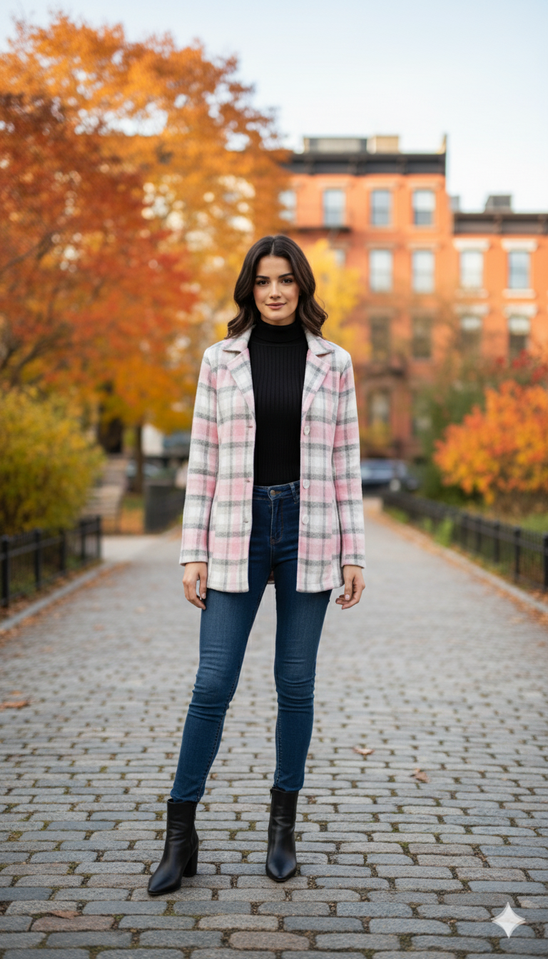 Women’s Checked Cotton Flannel Notch Collar Jacket