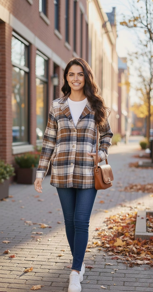 Women’s Checked Cotton Flannel Notch Collar Jacket