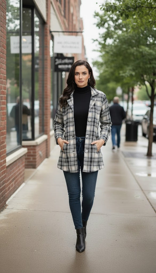 Women’s Checked Cotton Flannel Notch Collar Jacket