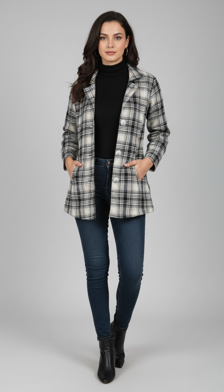 Women’s Checked Cotton Flannel Notch Collar Jacket