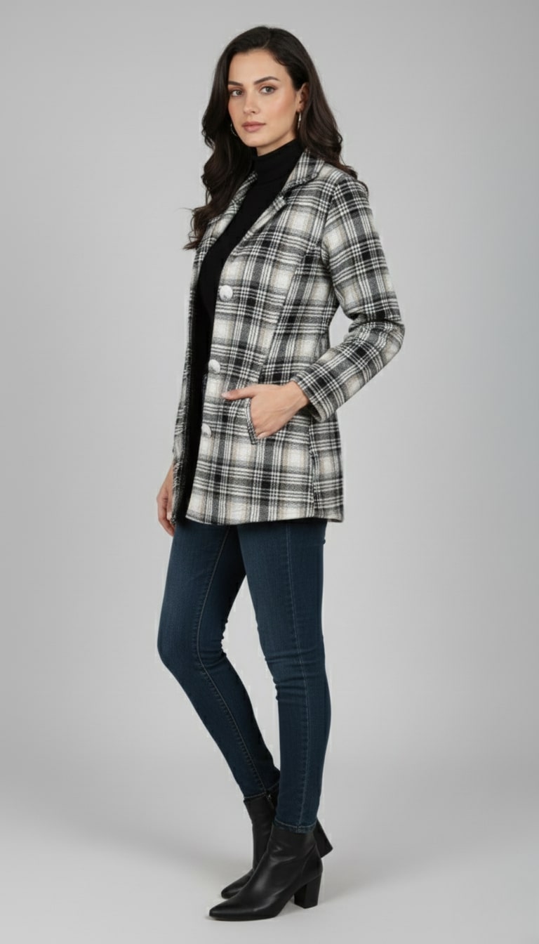 Women’s Checked Cotton Flannel Notch Collar Jacket