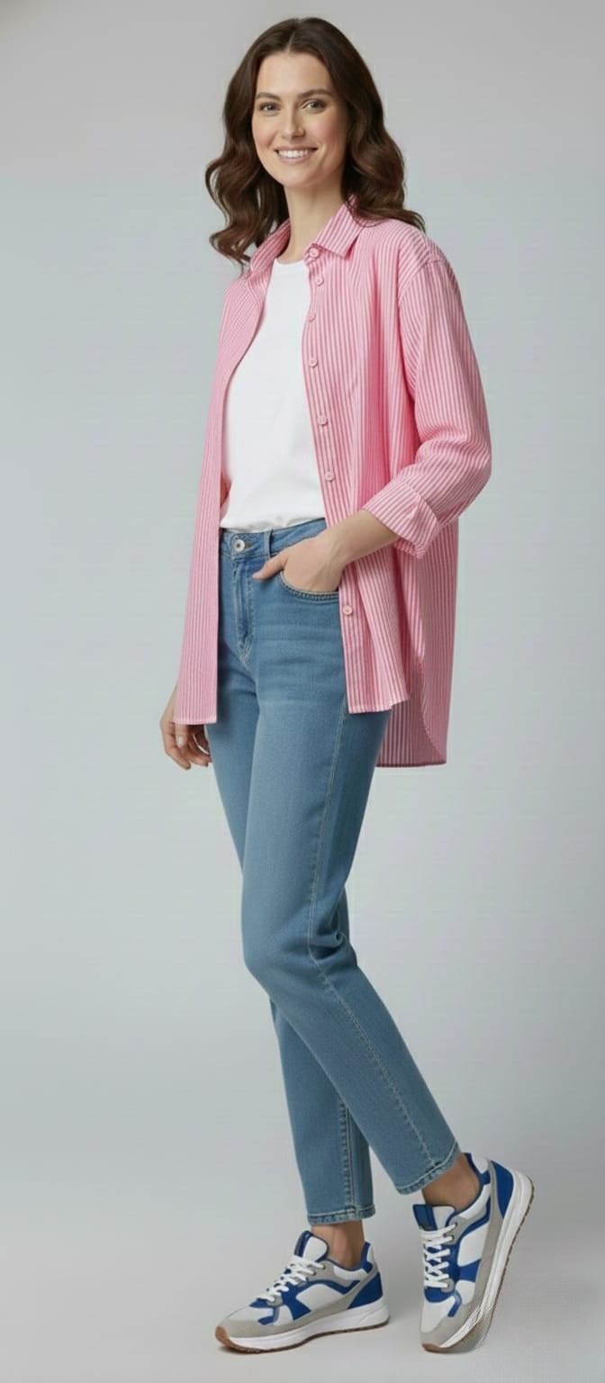 Women's Cotton Stripe Oversize High Low Shirt