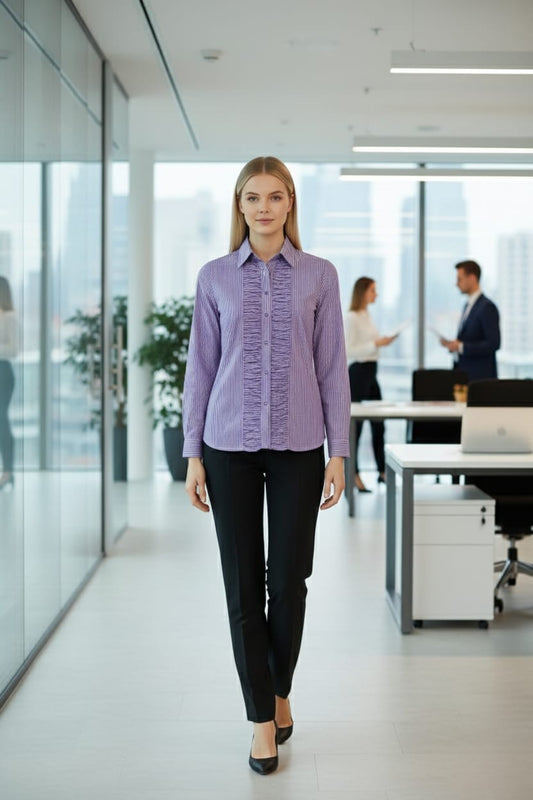 Women's Purple Cotton Stripe Ruffled Shirt