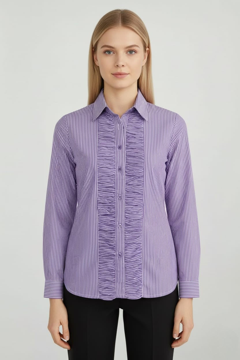 Women's Purple Cotton Stripe Ruffled Shirt