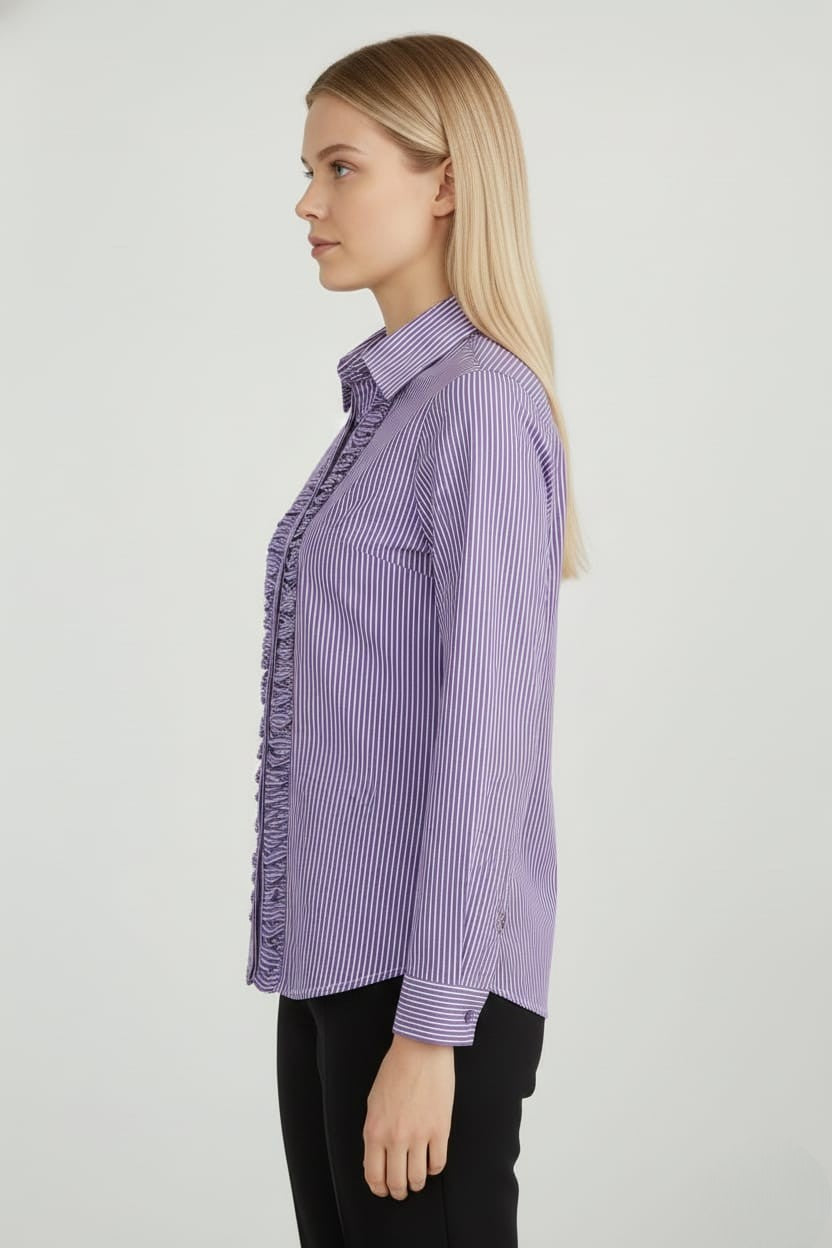 Women's Purple Cotton Stripe Ruffled Shirt