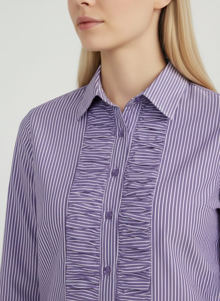 Women's Purple Cotton Stripe Ruffled Shirt