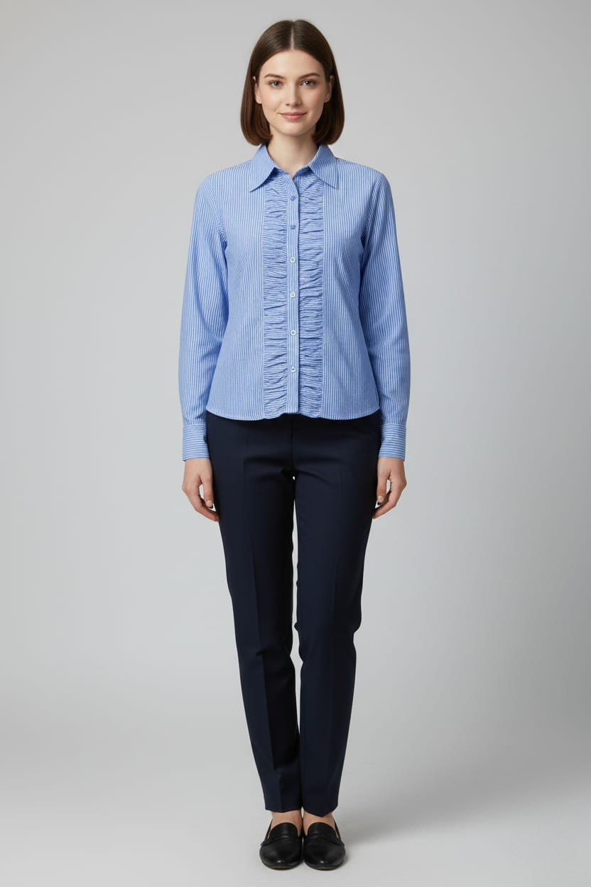 Women's Blue Cotton Stripe Ruffled Shirt