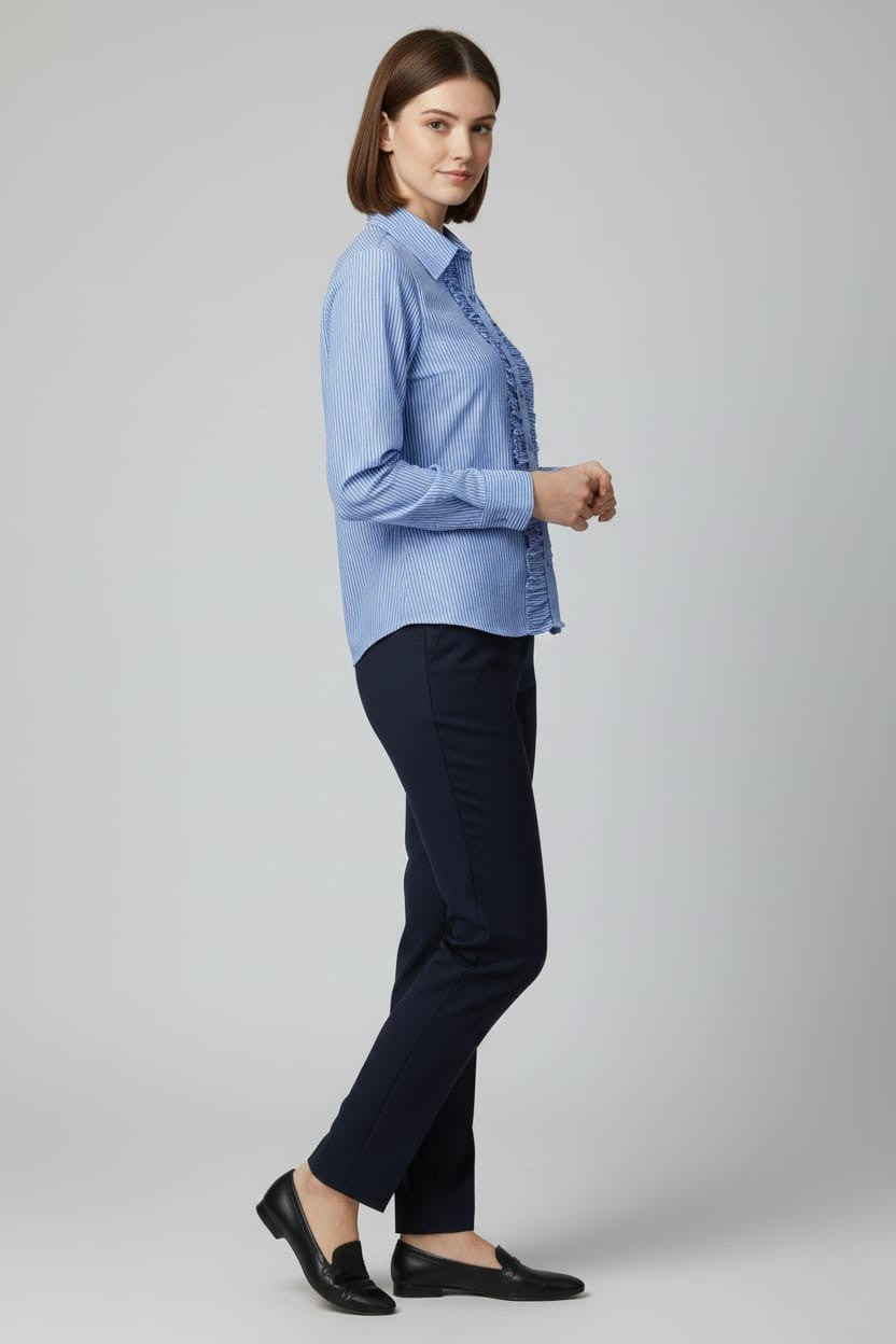 Women's Blue Cotton Stripe Ruffled Shirt