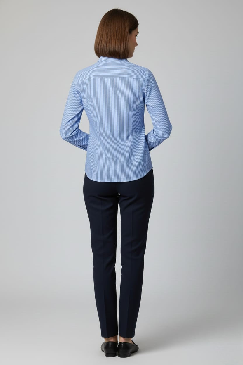 Women's Blue Cotton Stripe Ruffled Shirt