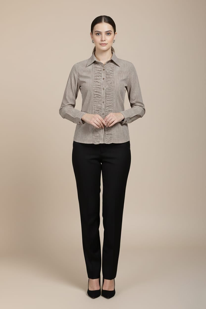 Women's Brown Cotton Stripe Ruffled Shirt