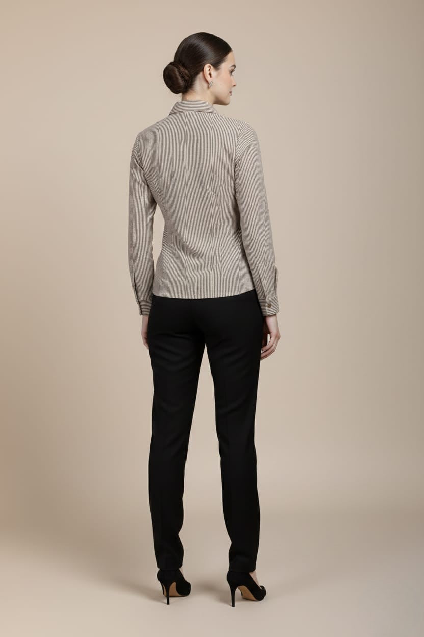 Women's Brown Cotton Stripe Ruffled Shirt