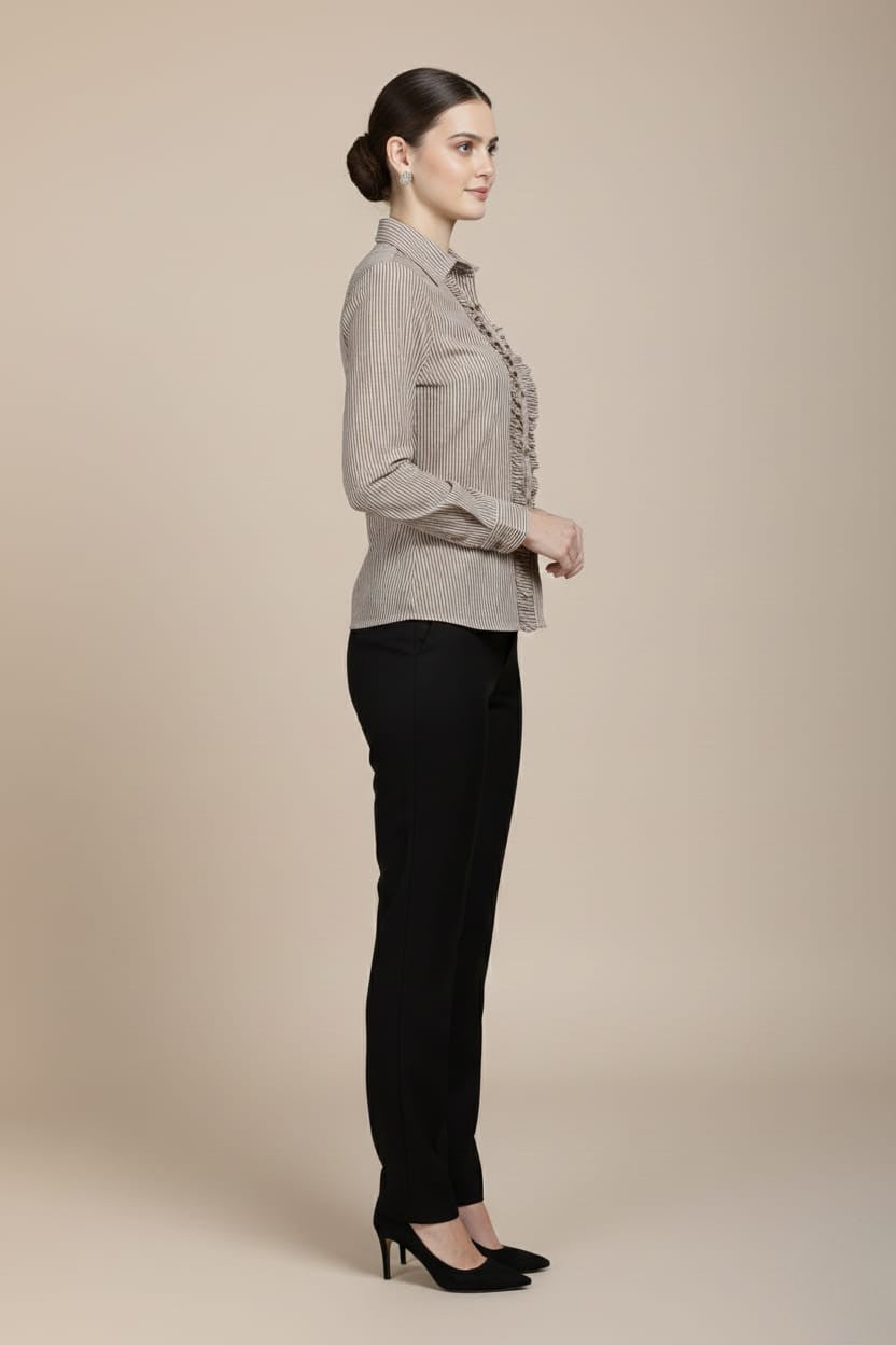 Women's Brown Cotton Stripe Ruffled Shirt