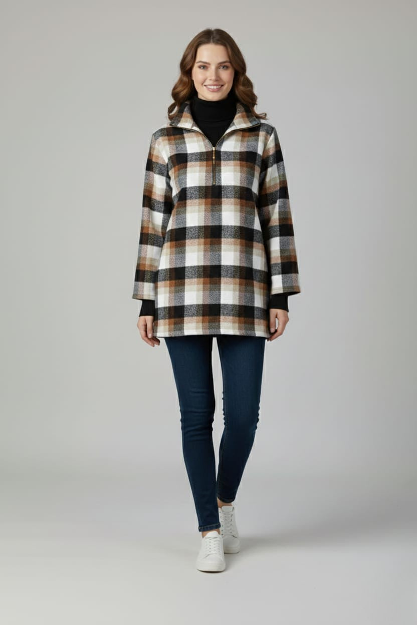 Women Brown & Black Checked High-Neck Front-Zip Winter Pullover